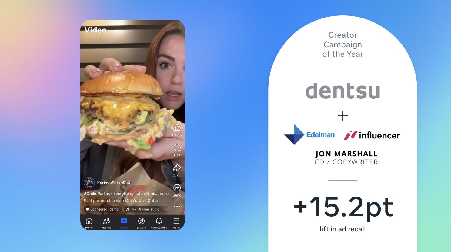 Visual showing dentsu X’s winning Creator Campaign of the Year with Chili’s, highlighting a creator video featuring a burger and campaign performance result of +15.2pt lift in ad recall.